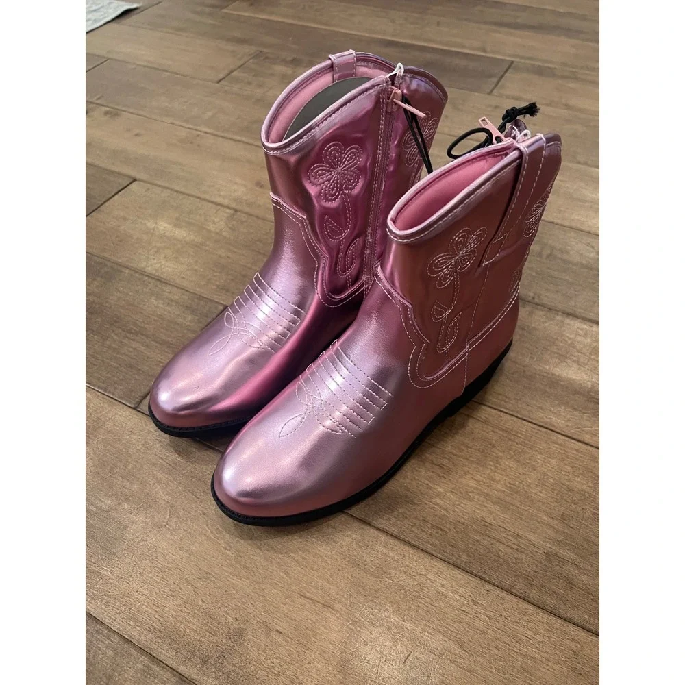 Thereabouts Kids Metallic Pink Western Cowboy Boots Floral Embroidered Size 6 M